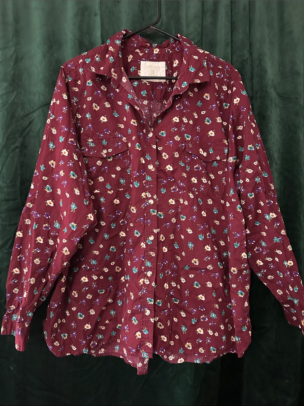 Floral Button-Up Shirt in Burgundy with Teal & Cream Accents